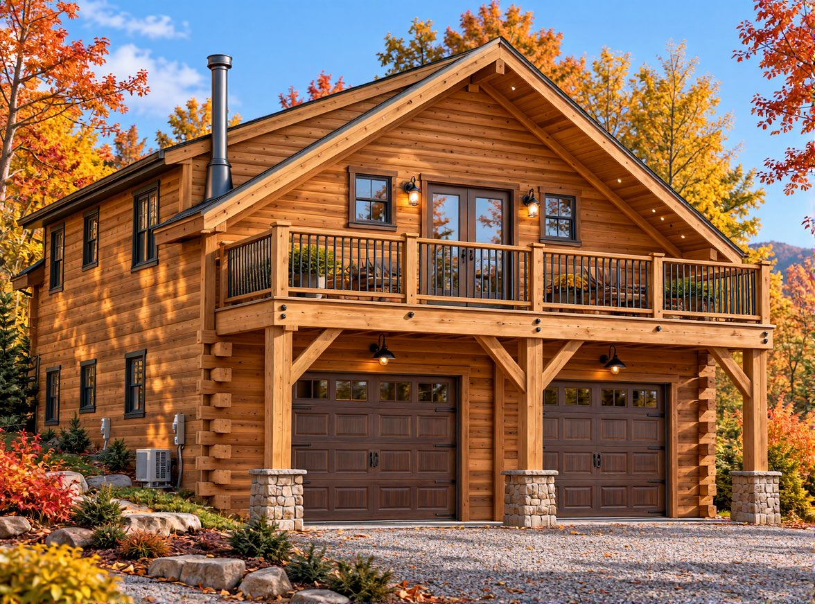 The Merrimac ADU log home with two-car garage and covered deck