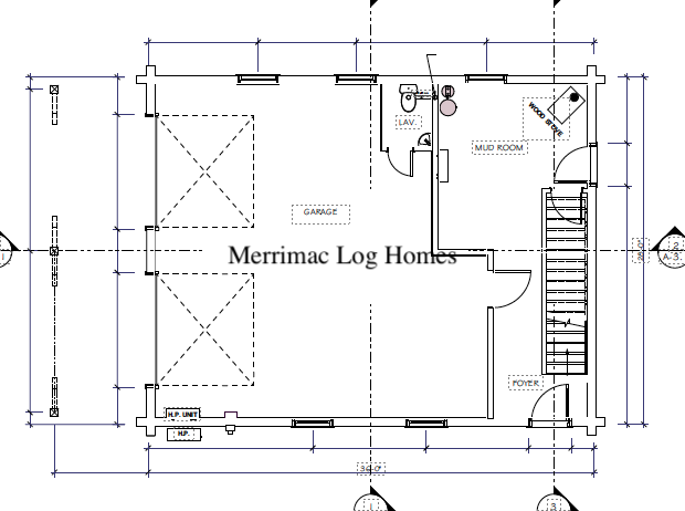 The Merrimac ADU Garage Level floor plan - two-car garage, lav, mud room and foyer