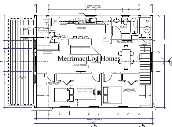 The Merrimac ADU Upper Level floor plan - living space with kitchen, dining, living room, two bedrooms, bath and covered deck