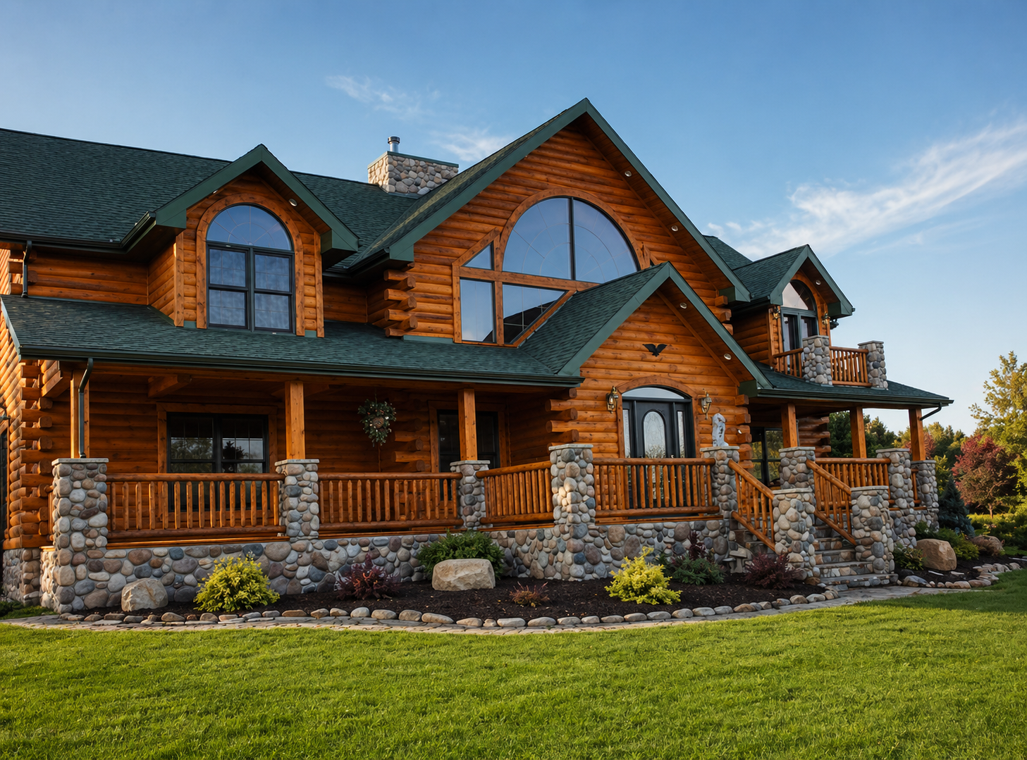 Award-winning luxury custom log home by Merrimac Log Homes — full-log construction with arched windows, stone accents, and wraparound porch