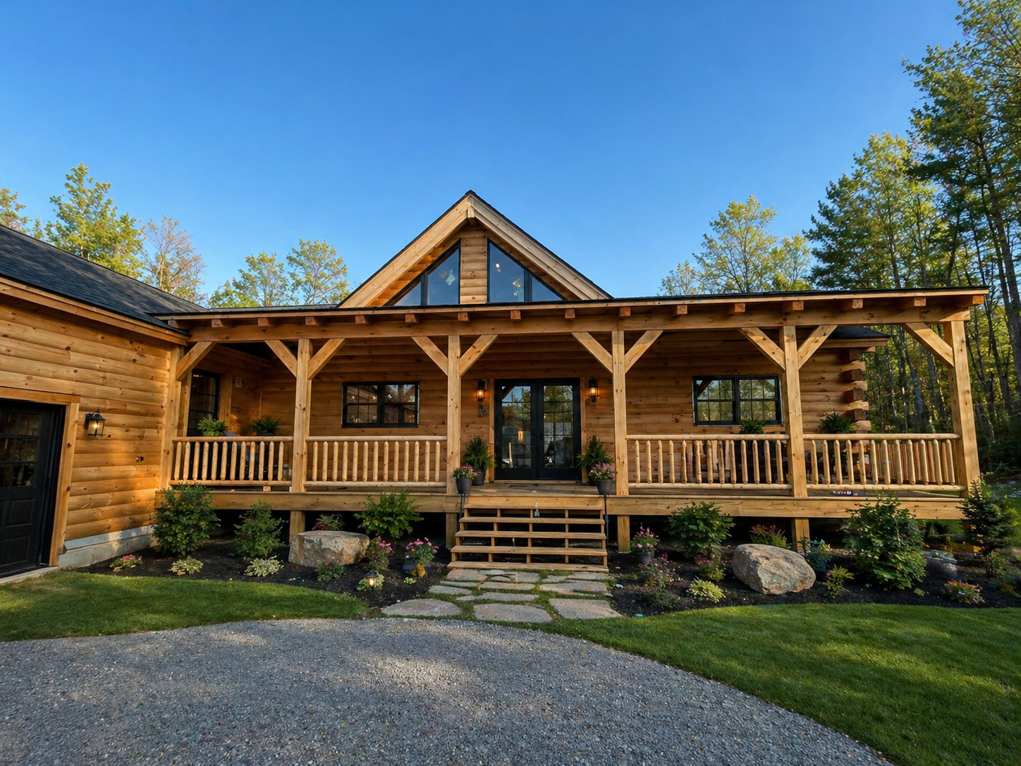 Peaks Ridge custom log home front exterior with stone walkway