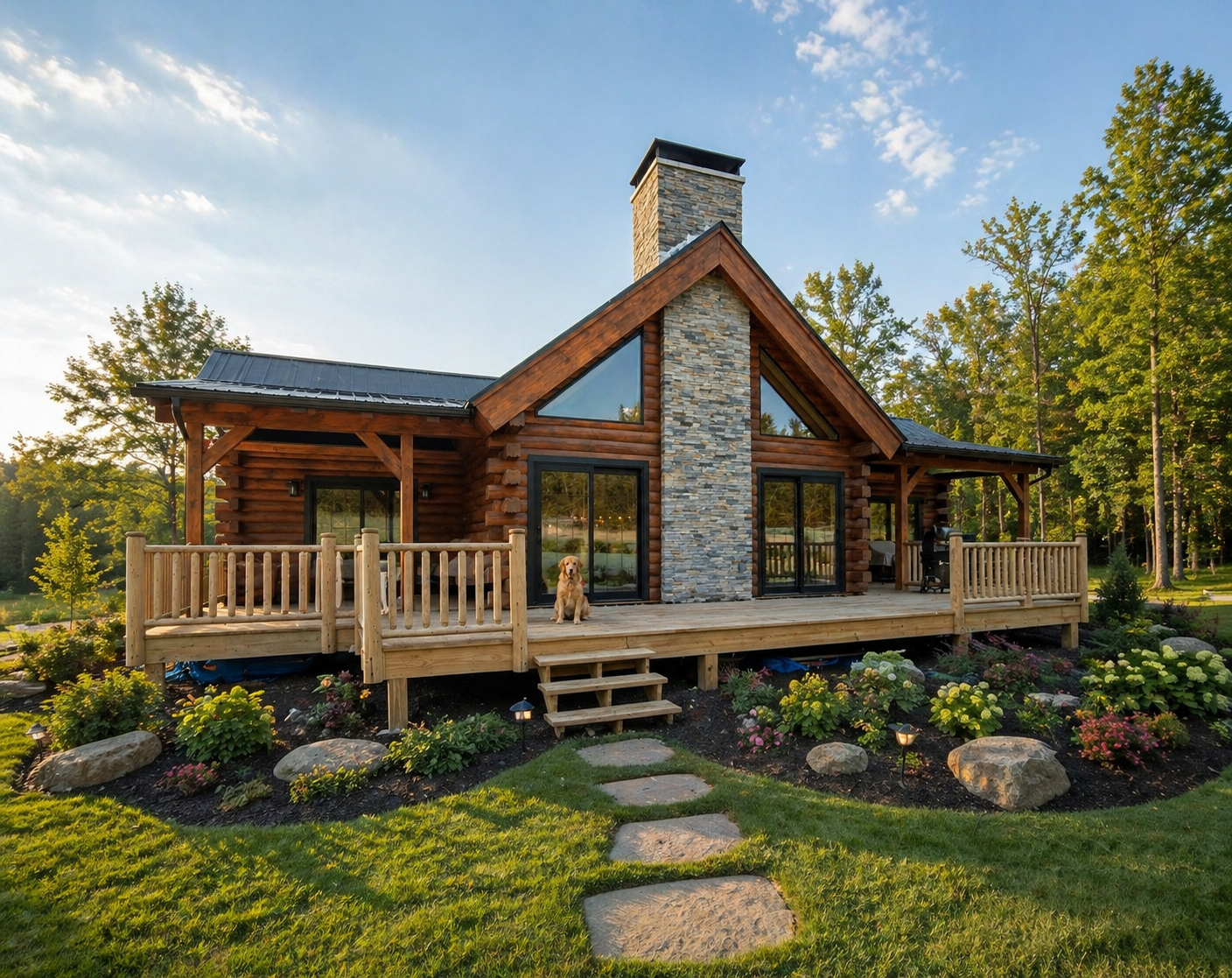 Custom Merrimac log home at sunset with covered porch and gabled entry