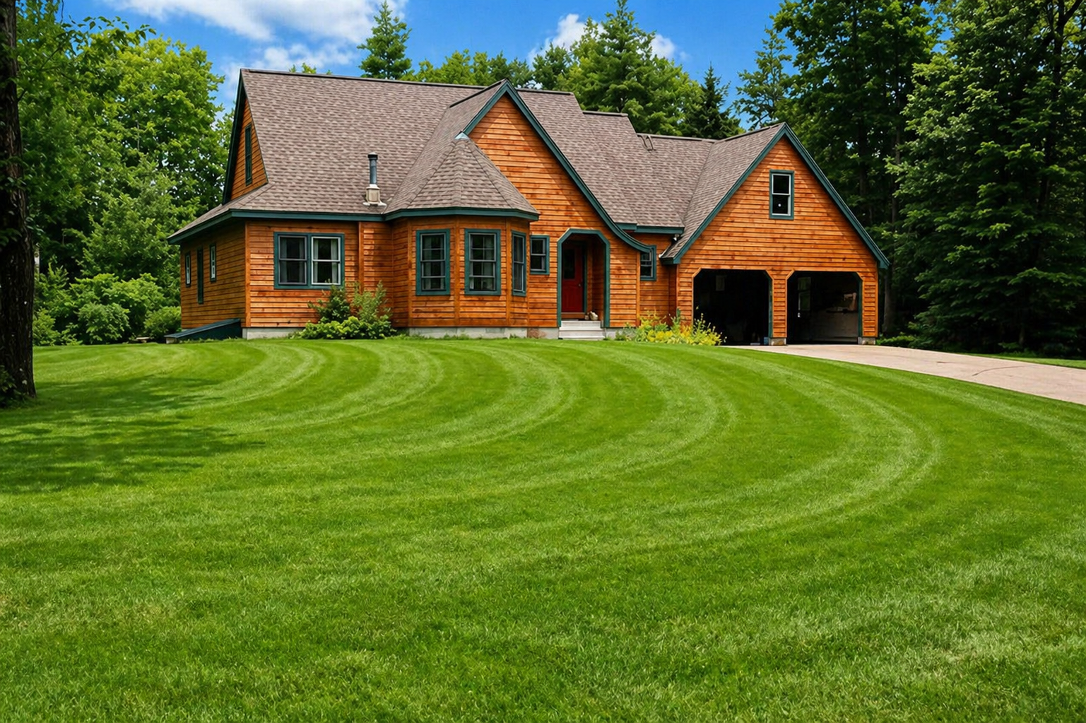 Custom Merrimac shake-sided cape with attached garage on landscaped lot — hybrid log home design