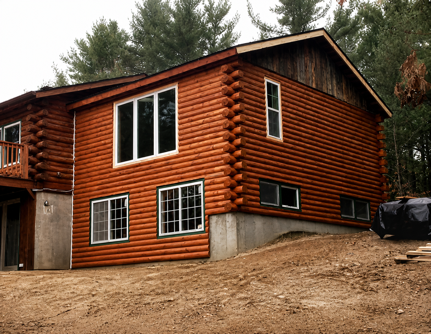 False corners on Eastern White Pine log siding home — Merrimac Log Homes seamless transition detail