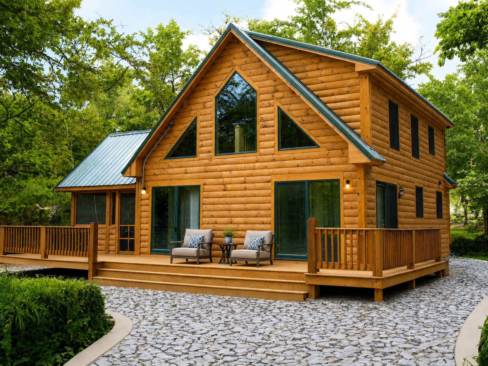 The Freedom log home rendering with green metal roof, deck, and Eastern White Pine logs