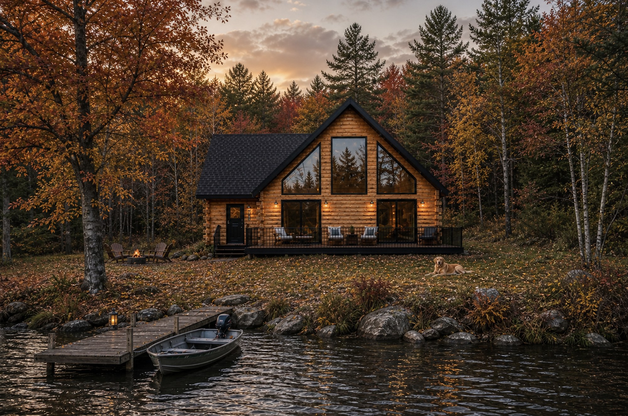 French Pond log home at sunset on a tranquil New Hampshire lake with autumn foliage and dock