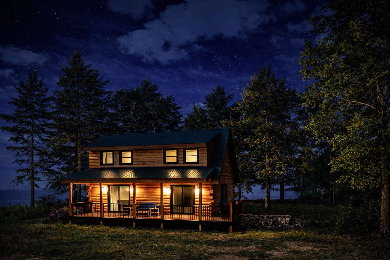 The Heath Log Home at Night