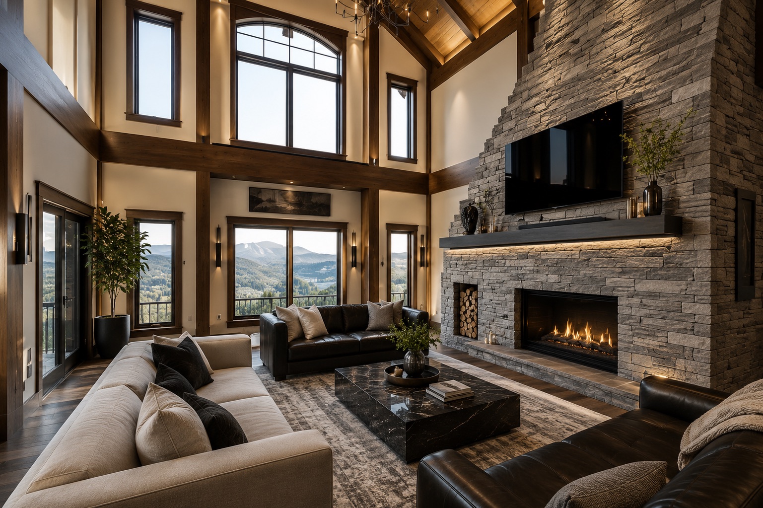 A modern log home great room with a floor-to-ceiling stacked-stone fireplace, exposed timber beams, drywall, mountain-view windows, and contemporary furnishings