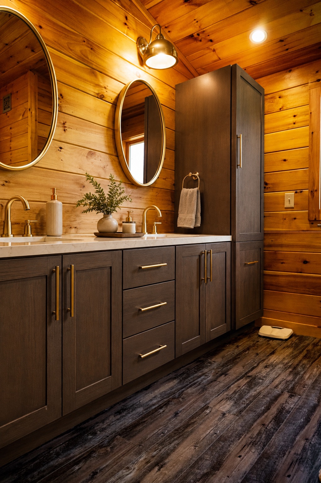 A modern log home bathroom blending a dark shaker vanity, brass fixtures and mirrors, quartz counters, and Eastern White Pine walls