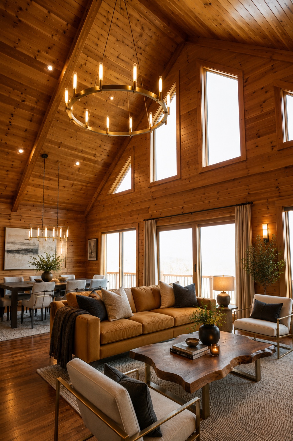 A modern log home living and dining space with a brass ring chandelier, a caramel leather sofa, a live-edge coffee table, and prow-gable windows