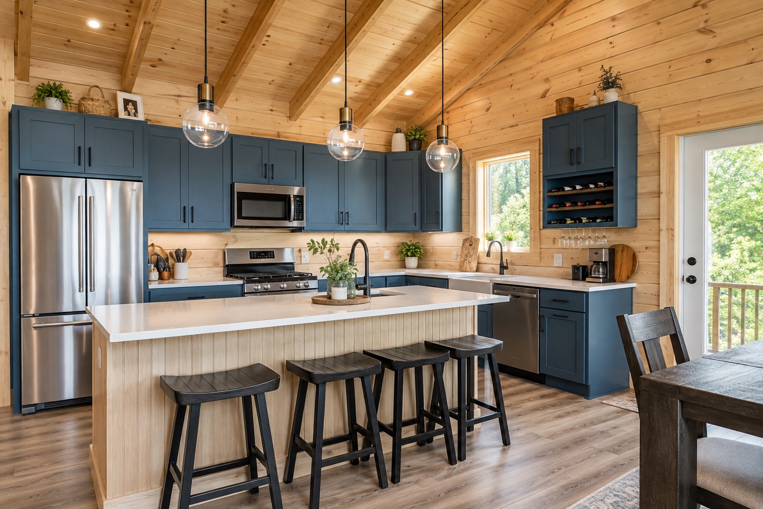 A modern log home kitchen with navy shaker cabinetry, a quartz island, glass globe pendants, and an Eastern White Pine timber ceiling