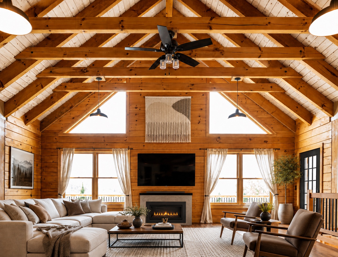 A modern log home living room with a vaulted Eastern White Pine timber ceiling, a large sectional, mid-century leather chairs, a woven macrame wall hanging, and a linear gas fireplace