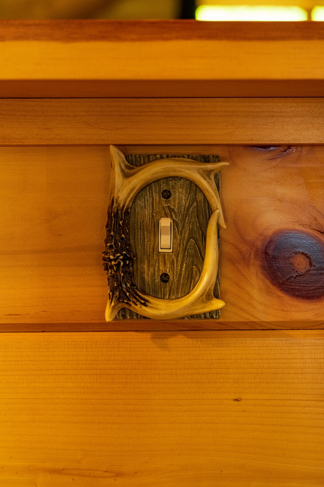 Ossipee antler-framed light switch detail on Eastern White Pine wall