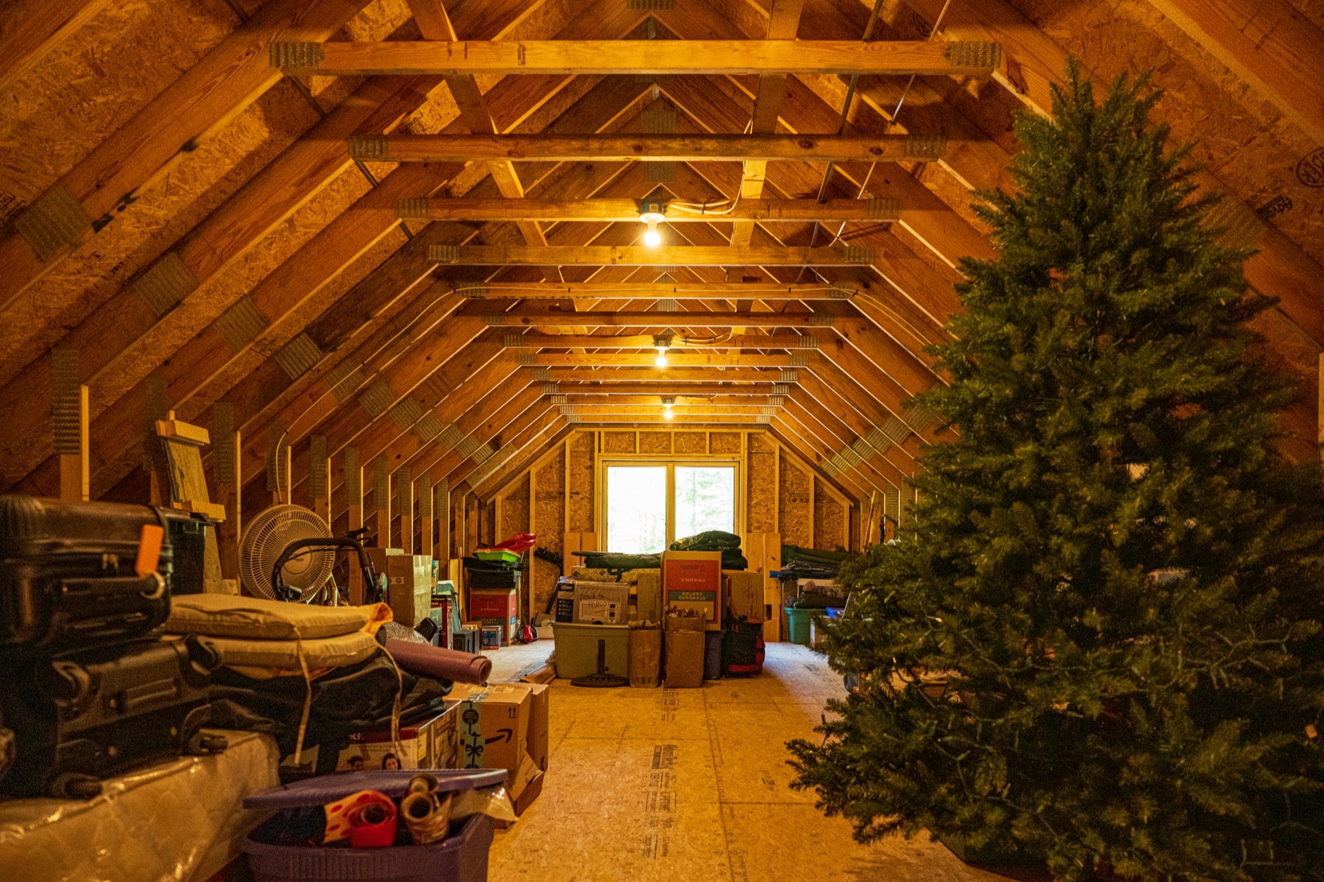 Ossipee unfinished attic storage space with exposed rafters and Christmas tree