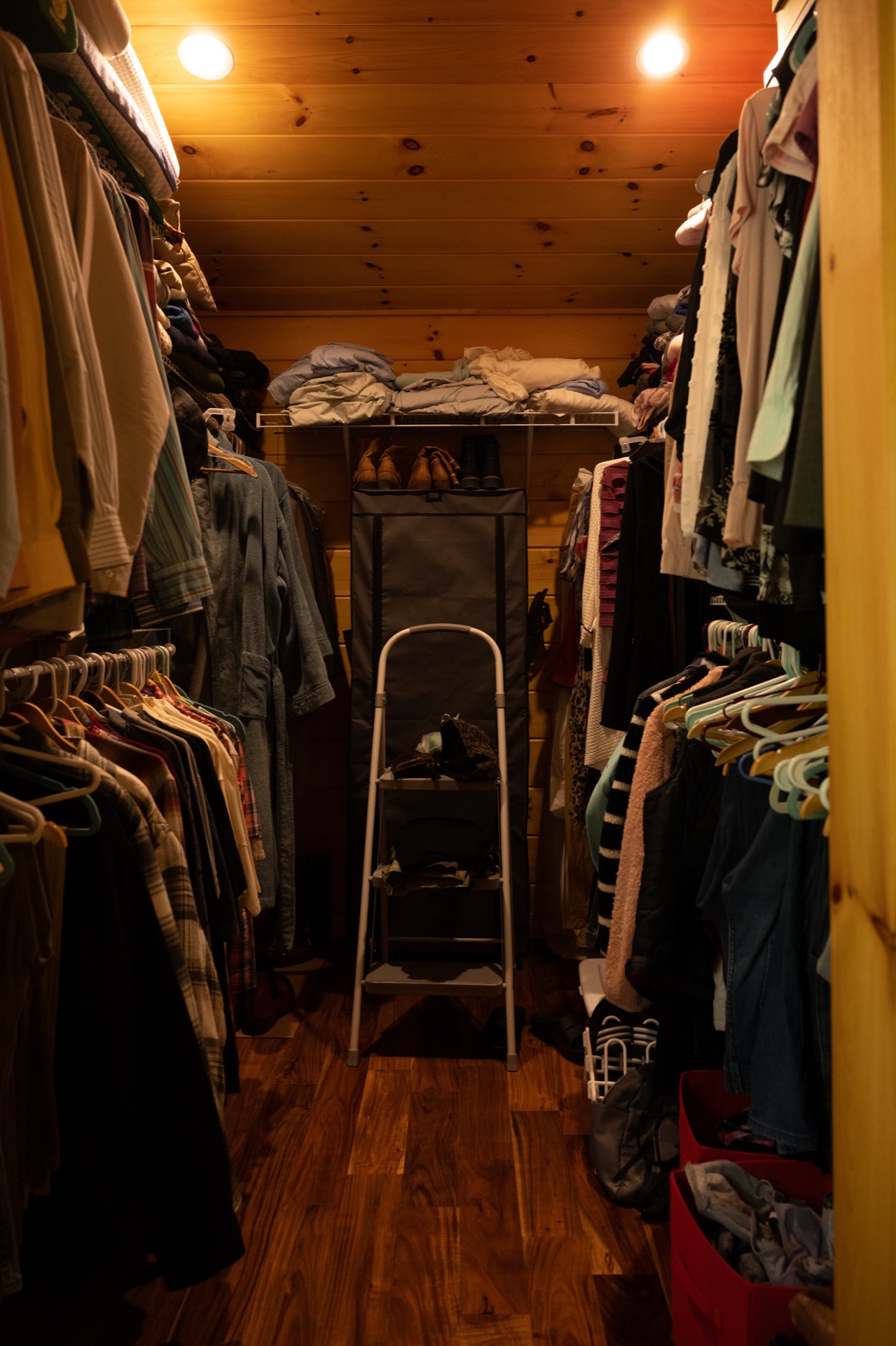 Ossipee walk-in closet with hanging clothes rails, shelving, and hardwood floor