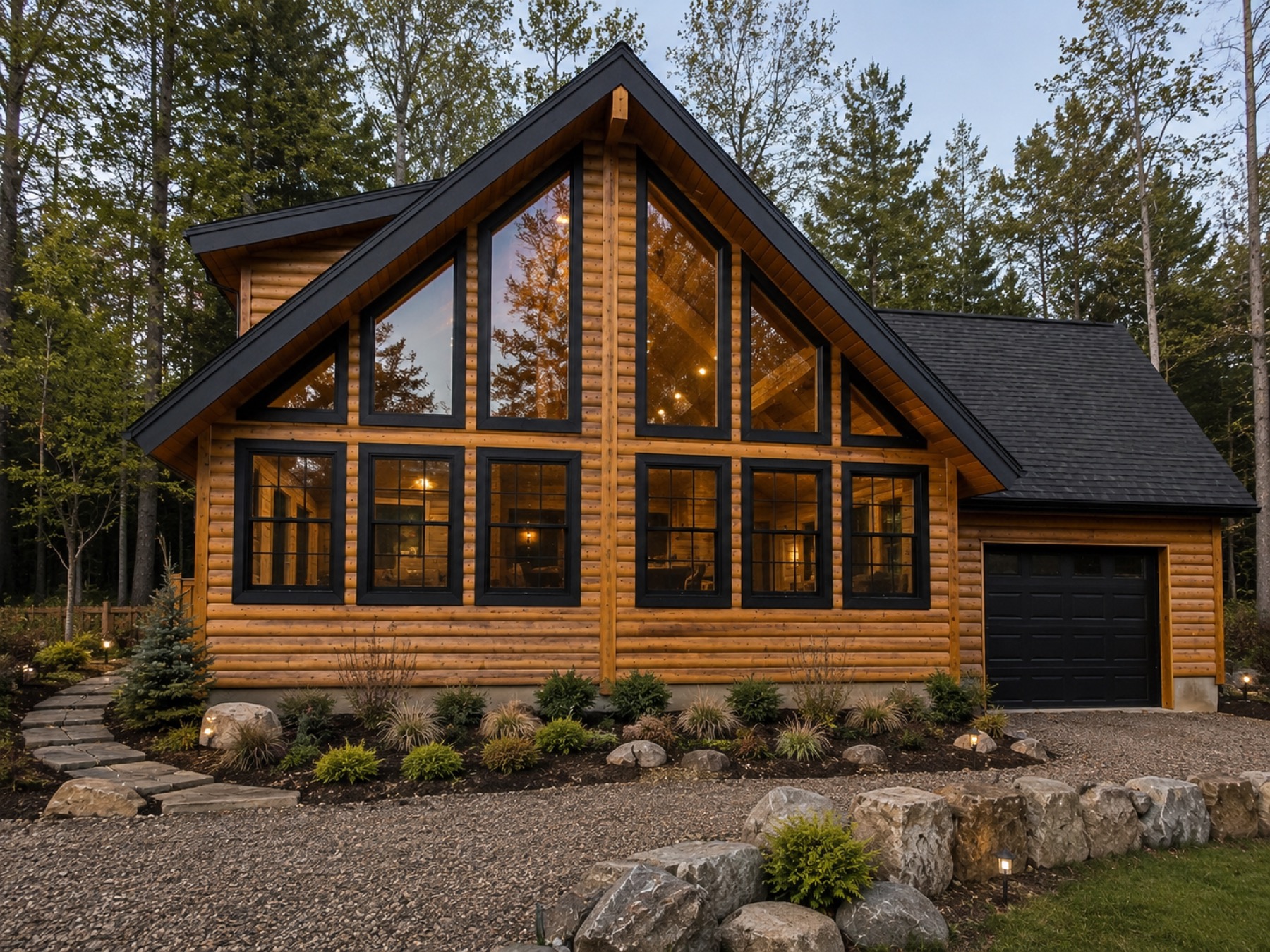 The Silver Lake log home at twilight with black trim around the prow windows, a black garage door, and a gravel walkway