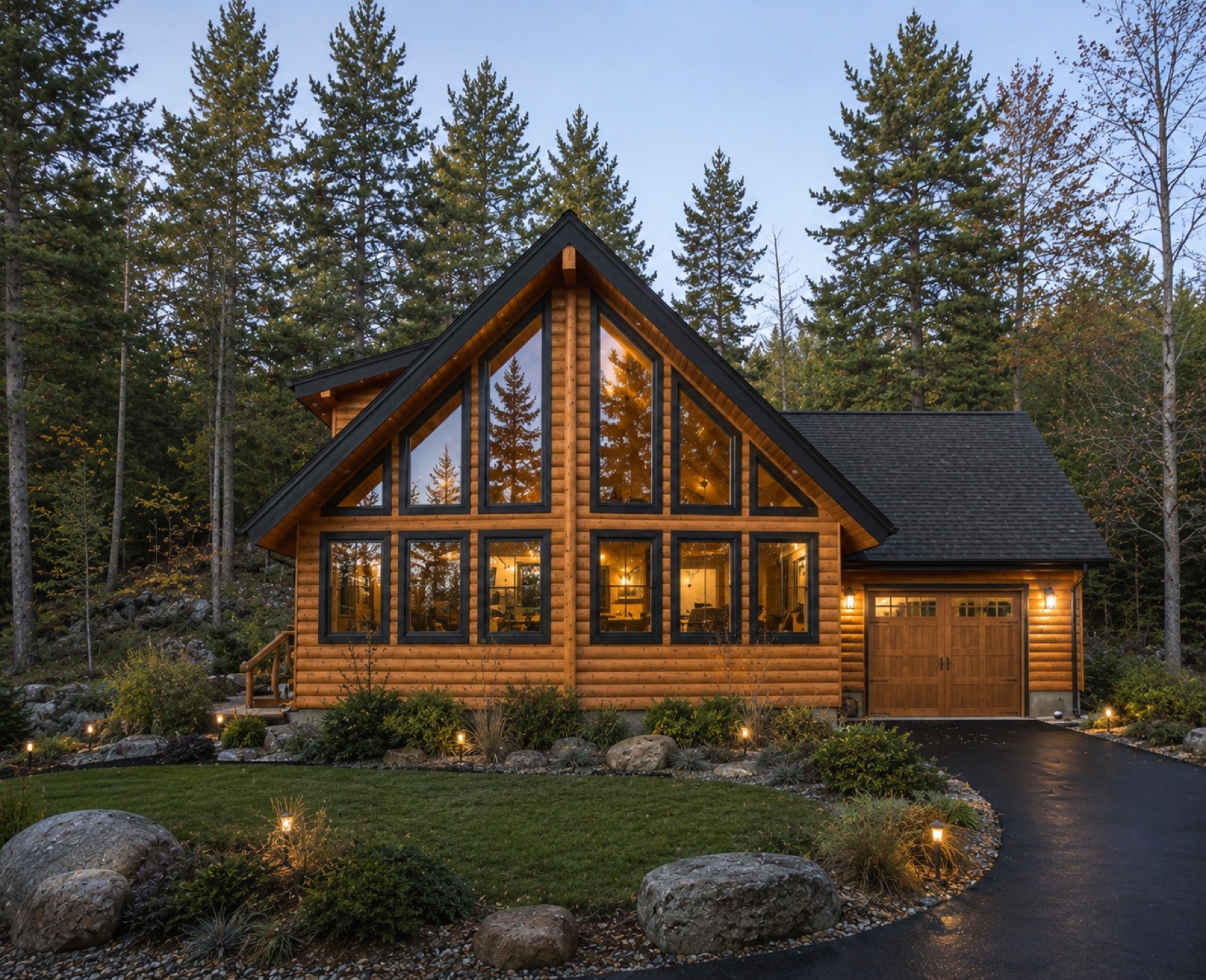 The Silver Lake log home at dusk with warm interior light glowing through the prow windows, a wooden garage door, and landscape lighting along the walkway