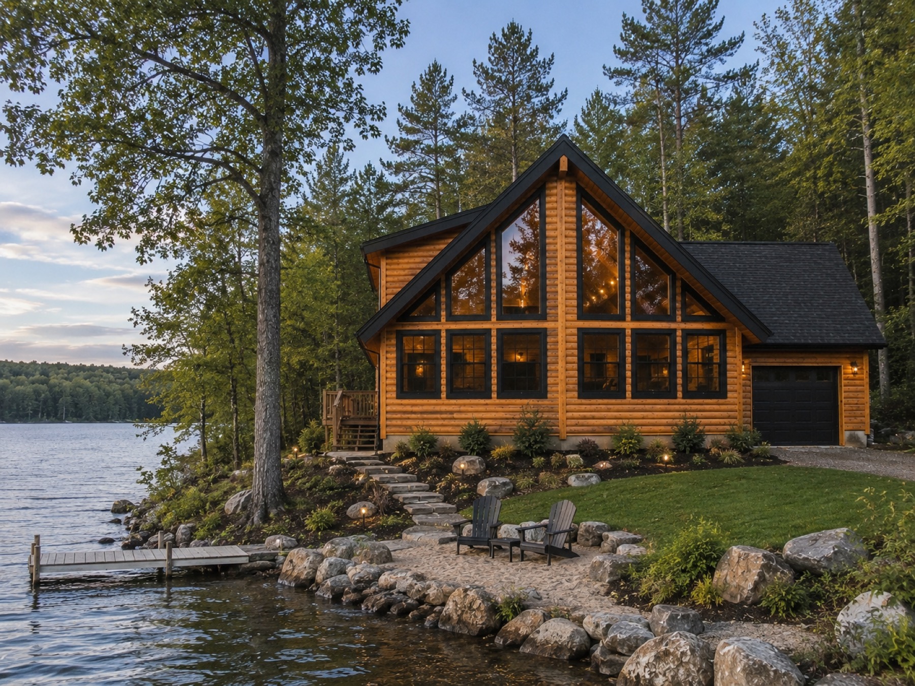 The Silver Lake log home on a lakefront at dusk with a private dock, two Adirondack chairs by a stone firepit on the shore, and warm light glowing through the prow windows