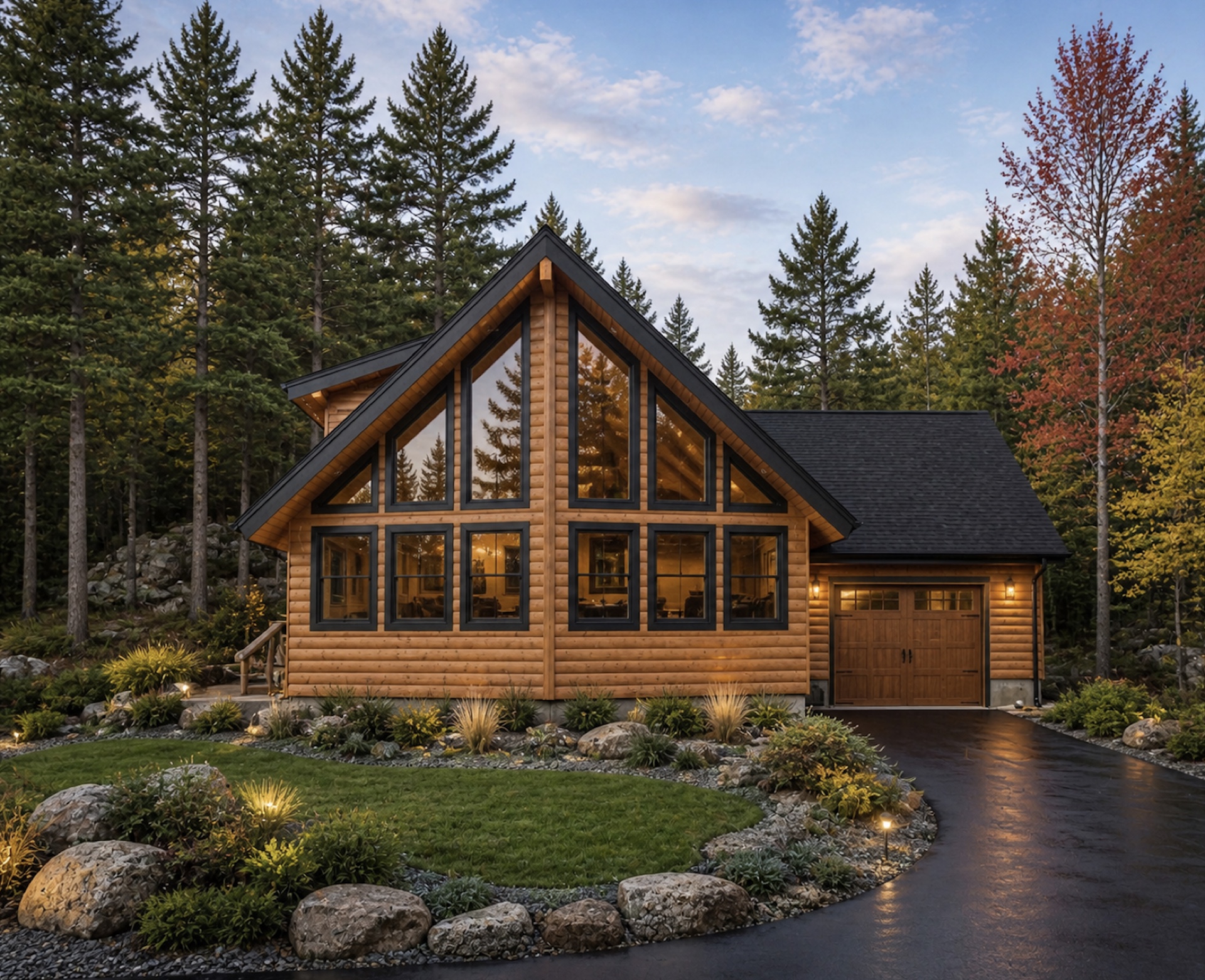 The Silver Lake log home rendered at dusk with autumn foliage, dramatic prow windows glowing warmly, and a stone-bordered driveway with pathway lights