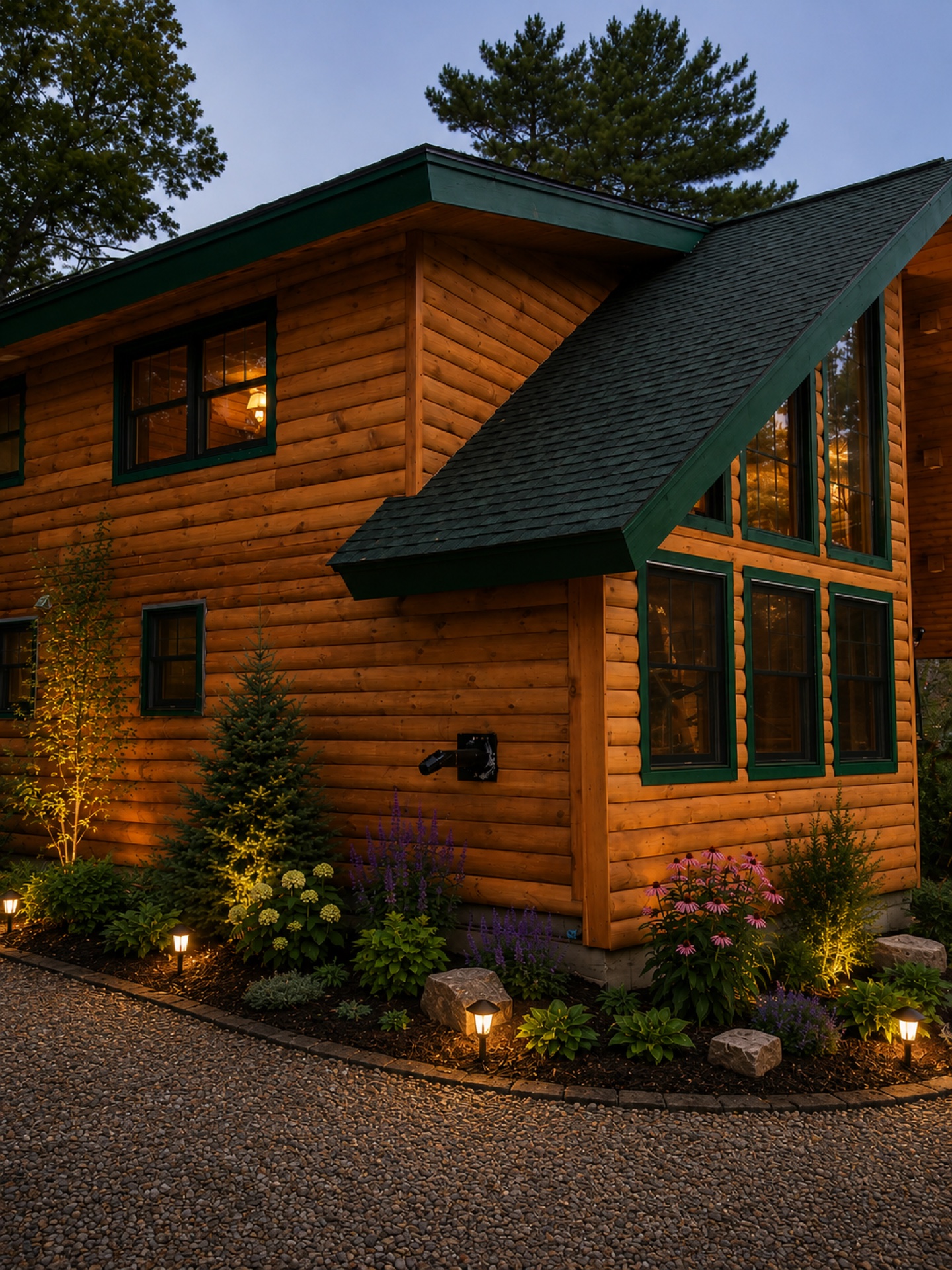The Silver Lake log home side view at dusk with green metal roof, pathway lights, and lush landscaping