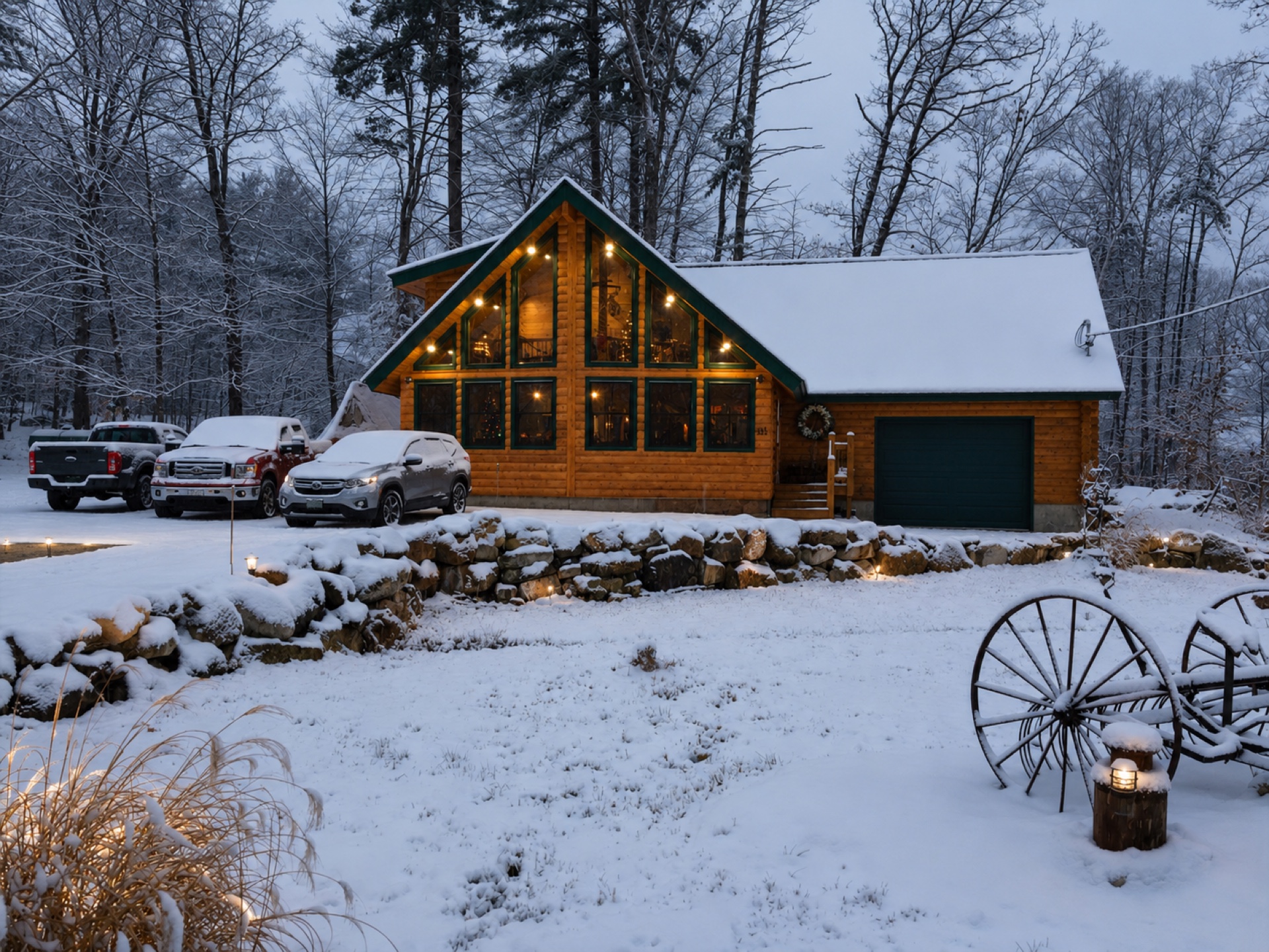 The Silver Lake log home on a snowy winter evening with warm light glowing through the prow windows