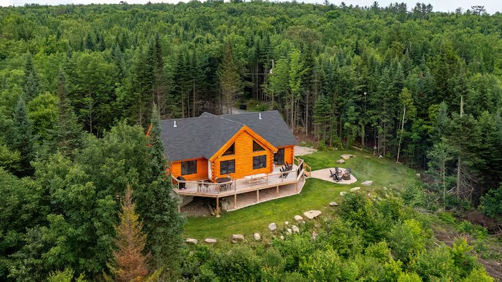 Aerial of the Sunapee log home nestled in a dense summer pine forest