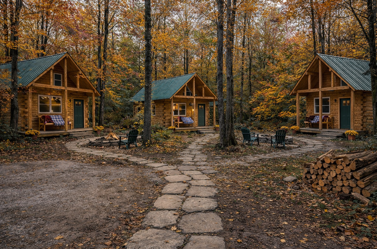 Tiny log home cabins in autumn forest setting — Merrimac Log Homes Retreat Series