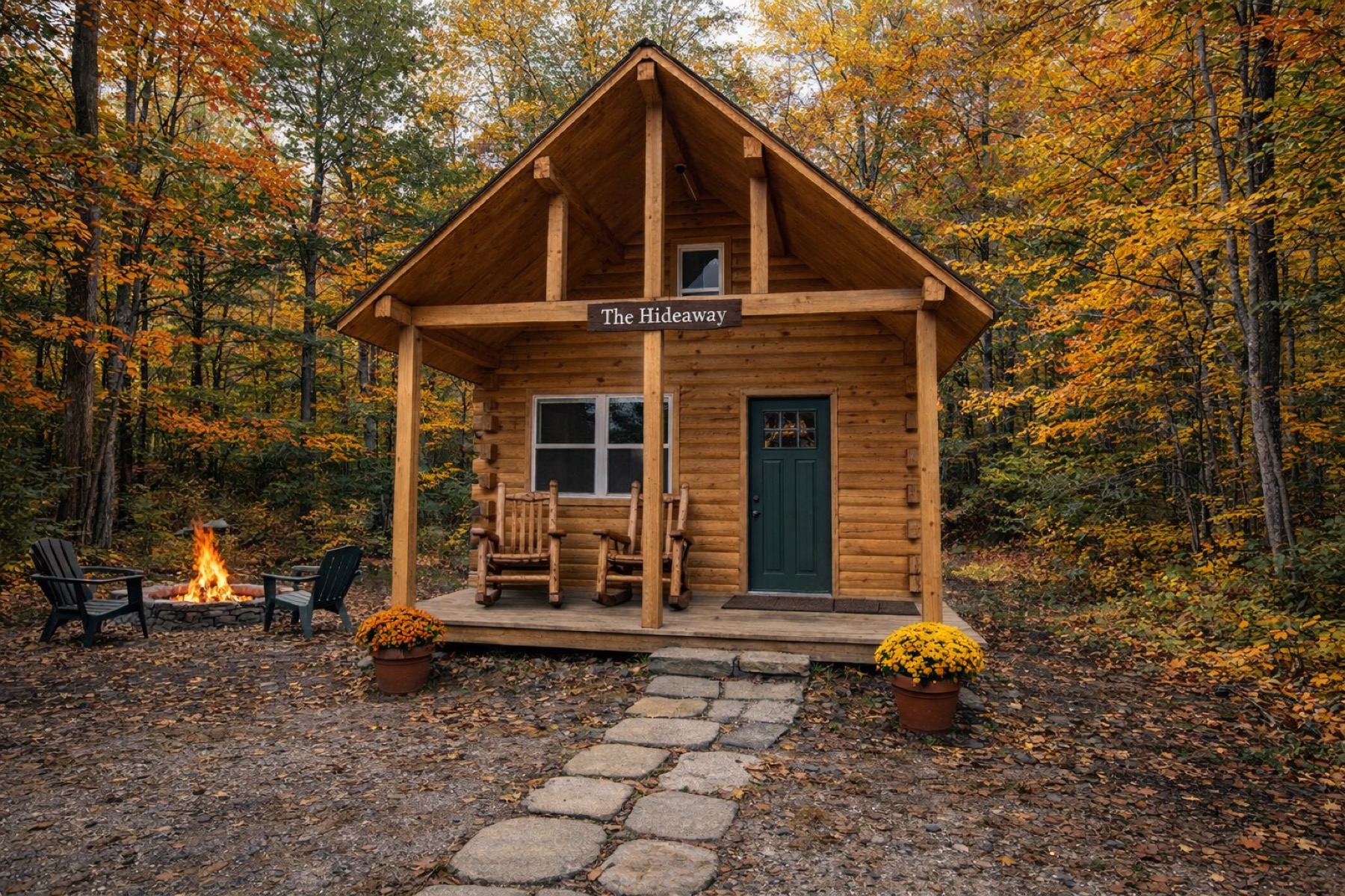 The Hideaway tiny log cabin in an autumn forest with two rocking chairs on the porch and a stone fire pit beside it