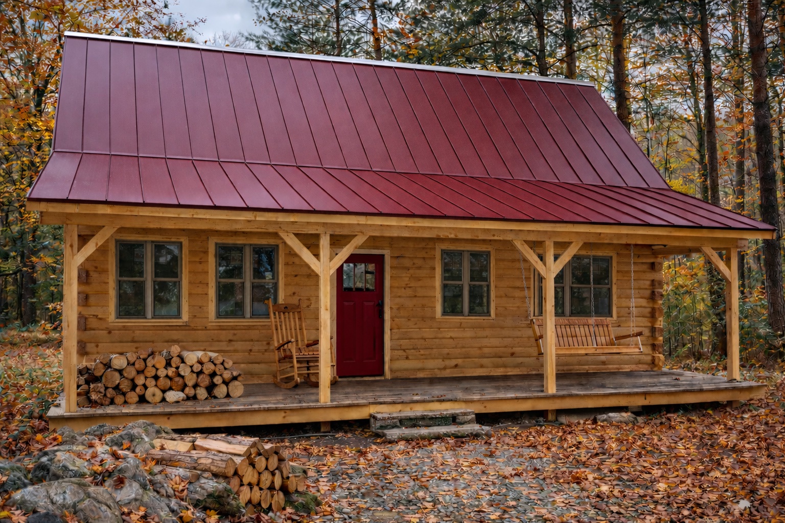 A rendering of the Winnisquam log home showing its farmer's porch, gable roofline, and Eastern White Pine logs